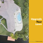 A photo of an aerial view of a pool and garden.